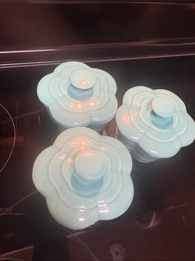 Pier 1 Light Blue Flower-Top Ceramic Trinket Pots - Set of 3